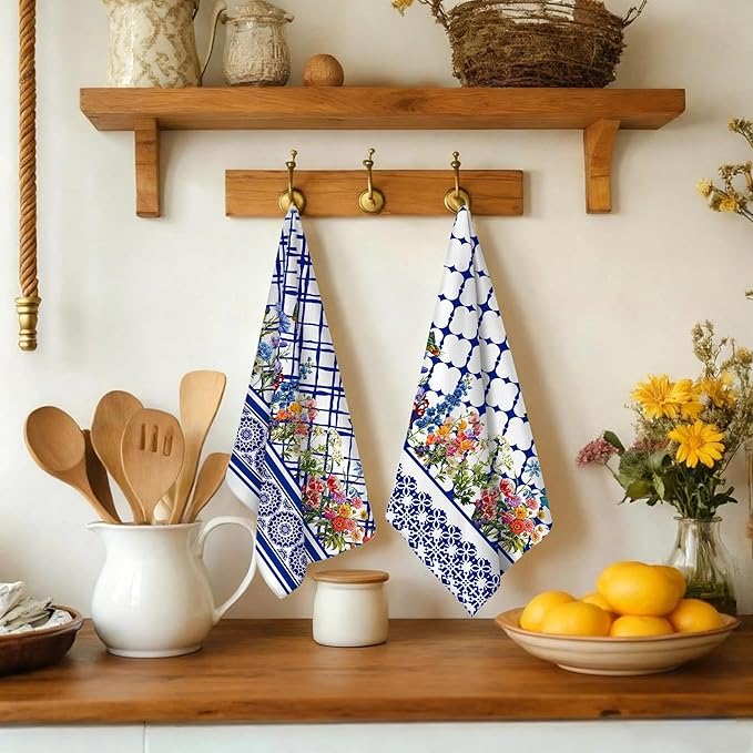 Blue and White Kitchen Towels Set of 4, Blue Wildflower Decorative Tea & Hand Towels, Chinoiserie Dish Towel Dishclothes for Drying Cleaning, Spring Summer Kitchen Decor & Gifts for Cooking Lover
