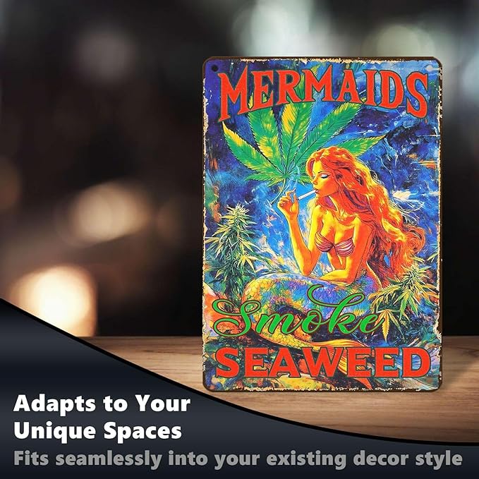 Vintage Mermaid Metal Sign Mermaids Smoke Seaweed Retro Ocean Beach Tin Sign Wall Decor Coastal Home Beach House Patio Porch Bathroom Coastal Novelty Decor Bar 16 * 12 In