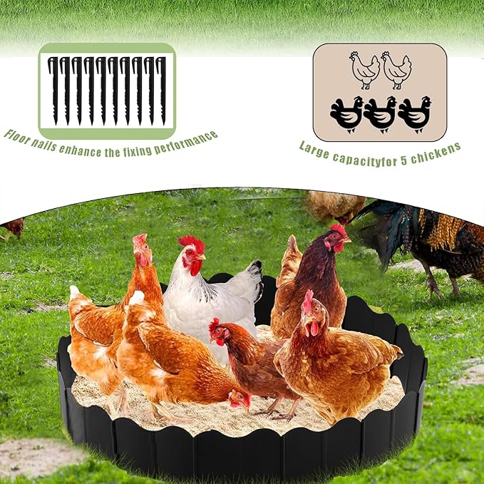 10 Ft Large Chicken Dust Bath Tub 37.5'' D * 5.5''H, Bottomless Design Round Adjustable Chicken Coop Cleaner Container Dust Bath for Essential Coop with 10 Pcs Stakes（7.85 in）, Black