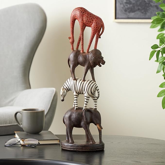 Deco 79 Polystone Safari Animals Decorative Sculpture Stacked Home Decor Statue with Round Base, Accent Figurine 6" x 4" x 21", Black