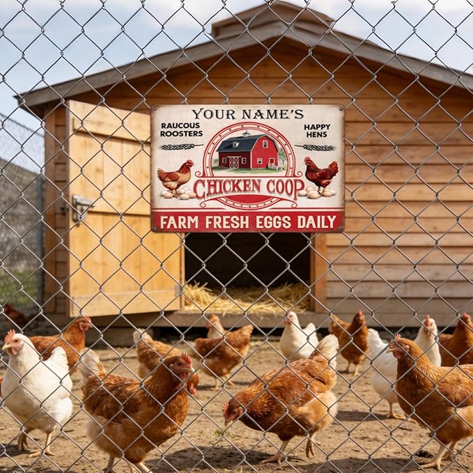 Custom Name Chicken Coop Metal Sign Raucous Roosters Happy Hens Farm Fresh Eggs Daily Vintage Rustic Tin Plaque Wall Art for Backyard Barn Homestead