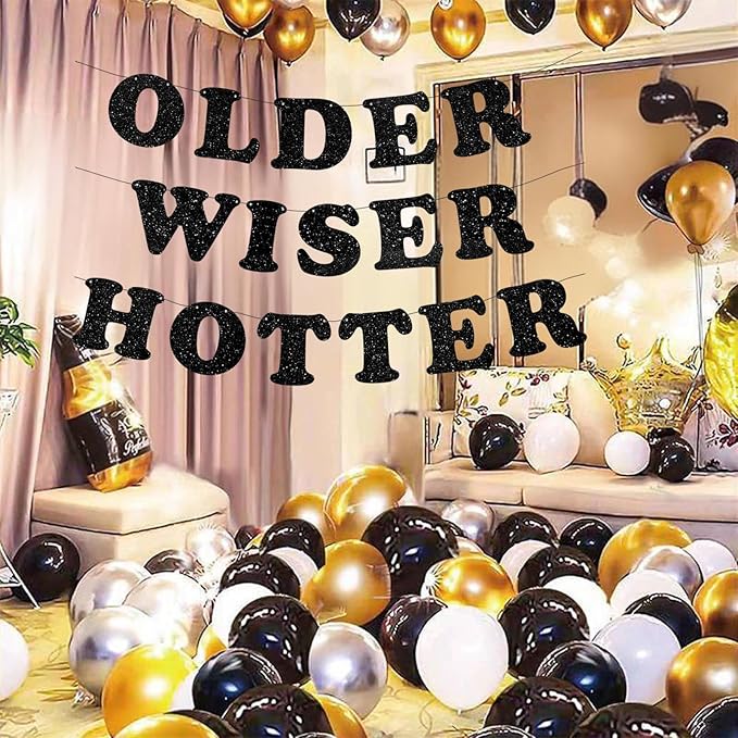 3pcs Pre-Strung Older Wiser Hotter Banner Funny Black Birthday Bunting Sign for Women Men 30th 40th 50th 60th 70th 80th Birthday Party Decorations