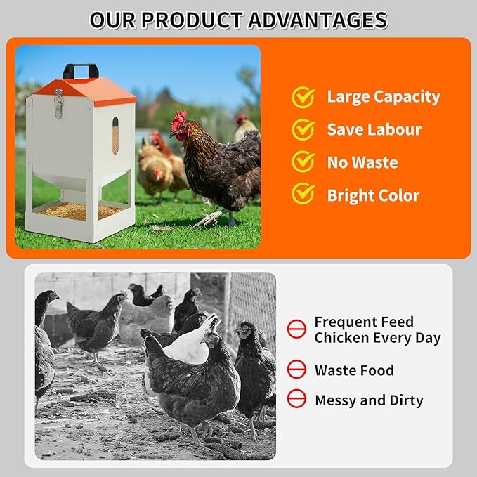 Galvanized Wall Mount Chicken Feeder No Waste Hanging Chicken Feeder with Lid Metal Automatic Poultry Feeder Trough Food Dispenser No Spill Mess Free for Chicken Duck Quail Geese Turkey