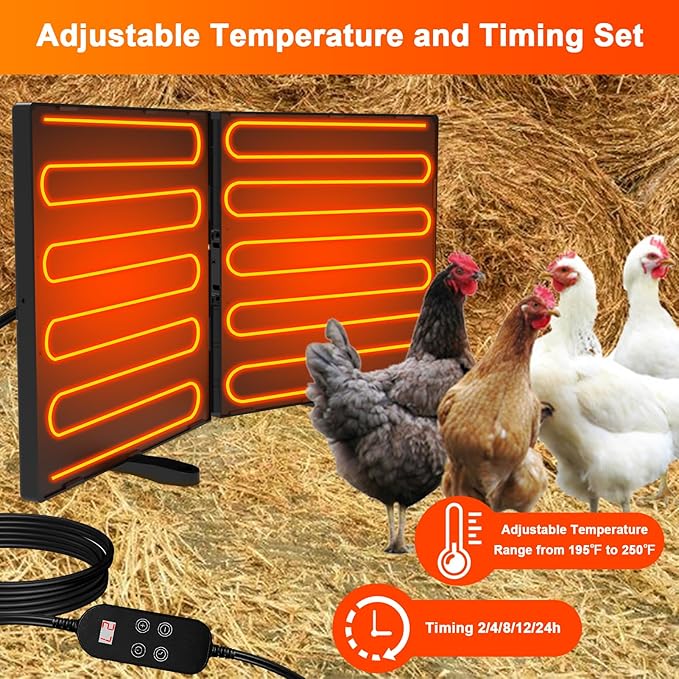 Chicken Coop Heater - Adjustable Temperatures & 5 Timers, Large Size Foldable Energy Efficient Radiant Heat Coop Heater for Chicken, Kitten, Puppy & Pets