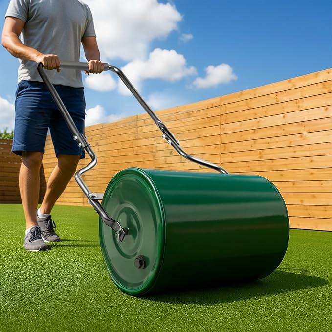 16in Heavy Duty Steel Lawn Roller,Manual Hand Lawns Roller,Water or Sand Filled Garden Rollers,Push/Tow-Behind Yard Rollers,with U-Shaped Handle,for Garden Yard Park Backyard Farm (Green & Black)