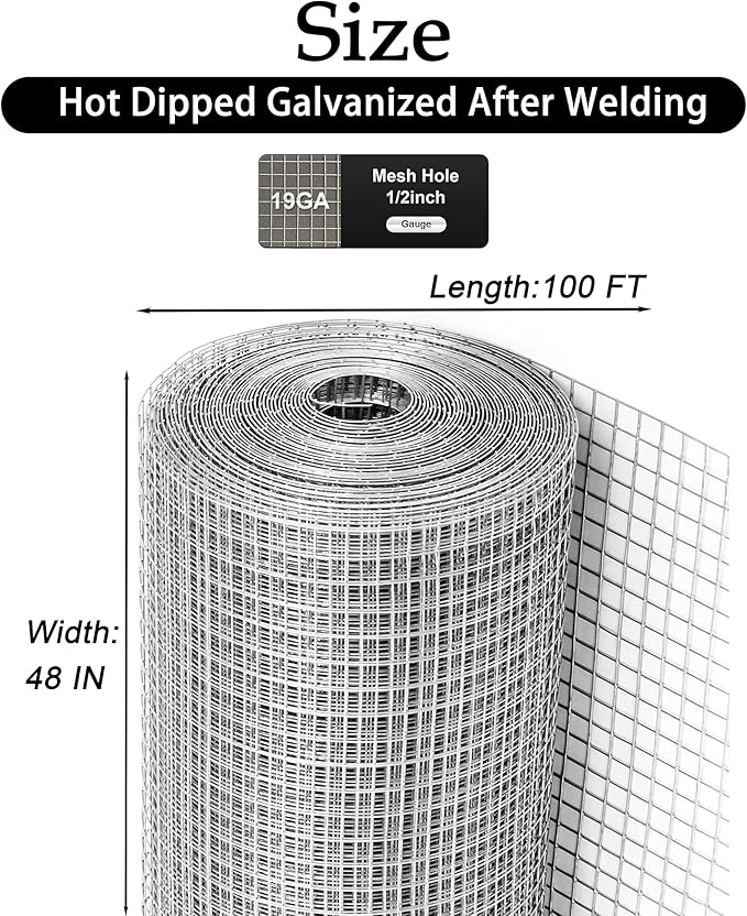 Hardware Cloth Galvanized After Welding 23 Gauge,Chicken Wire Mesh Screen Fence, Heavy Duty Wire Mesh Roll for Chicken Pen/Coop Fences, Garden Fences,Poultry Netting Cage (1/2inch 48IN x 100FT)