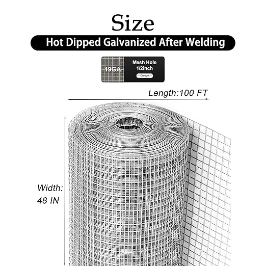 Hardware Cloth 1/2 inch 48Inx100Ft Galvanized After Welding 19 Gauge,Wire Cloth Mesh Roll Chicken Wire Fence Roll for Chicken Pen/Coop Fences, Garden Fences/Fencing,Screen Mesh,Poultry Netting Cage