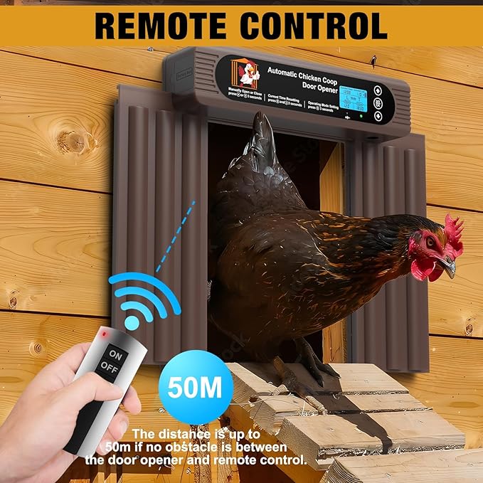 Automatic Chicken Coop Door Solar Powered, Extra Large Size, Anti-Pinch Design, Battery Powered Auto Chicken Door with Timer & Light Sensor, Solar Chiken Coop Door with Remote Control (50-100M)