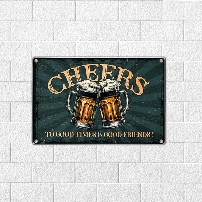 Vintage Bar Decor Pub Cheers Metal Sign 12 x 8 Inch Wall Decoration For Man Cave Home Beer Lovers To Good Times And Friends Plaque Art Aluminum Outdoor Kitchen Indoor