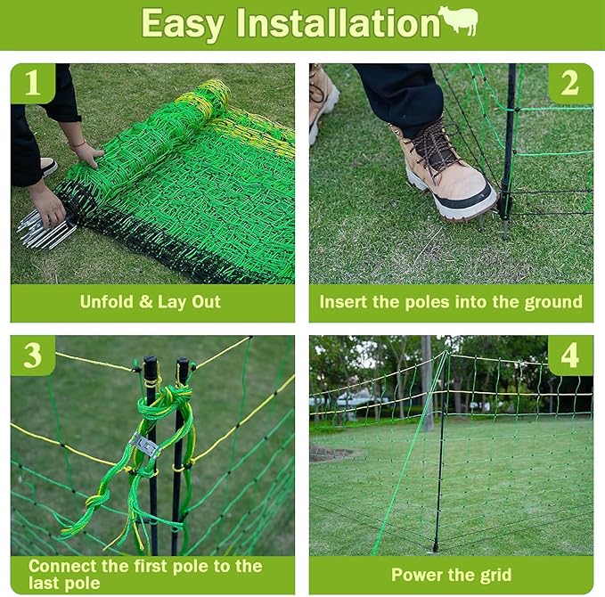Electric Poultry Netting, Solar Powered Electric Fence, Portable Livestock Nets Mesh with 14 Posts Double Spiked, Electric Fencing for Backyards, Farms, Ranches, Gardens,108cmH