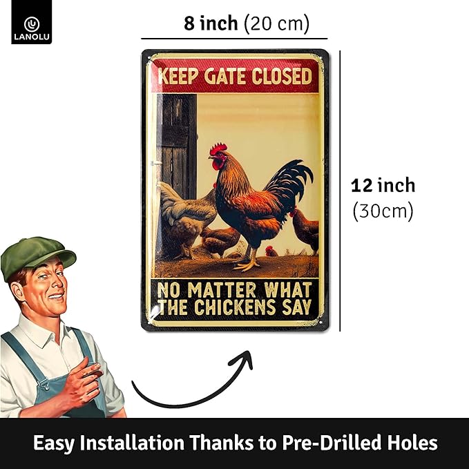 Vintage Tin Sign - Gates Closed Chickens, Decor for Coop & Outdoor, Chicken Lover Gifts, Metal Signs 12x8