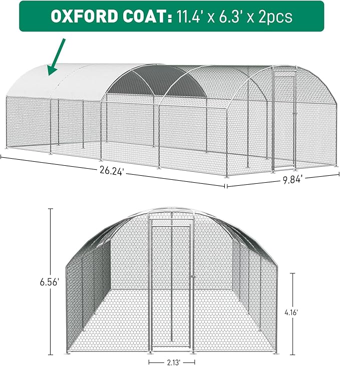 OUYESSIR Outdoor Metal Chicken Coop, Large Walk-in Chicken Run Pen with Waterproof Cover, Rabbit Habitat Dome Roof Poultry Cage for Backyard Farm Use (10'W x 26'L x 6.56'H)