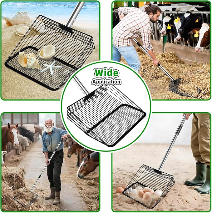 10inch Large Metal Chicken Poop Scooper & Chicken Coop Scoop, 3-Level Adjustable Chicken Coop Scooper for Sand with Stainless Steel Handle, 4-in-1 Multi-Function Heavy Duty Manure Screening Shovel