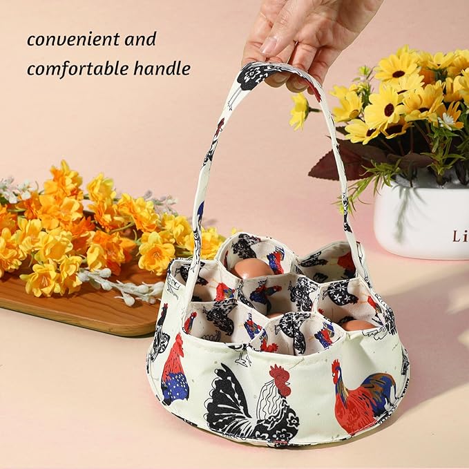Egg Collecting Basket, 7 Pouches Chicken Eggs Basket for Gathering Fresh Chick Egg Holder Countertop Gifts for Duck Goose Carton Carrier - Beige Canvas