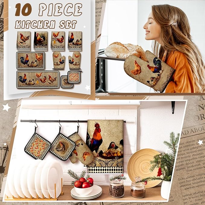 10 Pcs Rooster Chicken Kitchen Dish Towels Rugs Oven Mitts and Pot Holders Sets Farmhouse Rustic Rooster Kitchen Decor Set for Cooking Baking Grilling Women Mom Gift(Black, White)