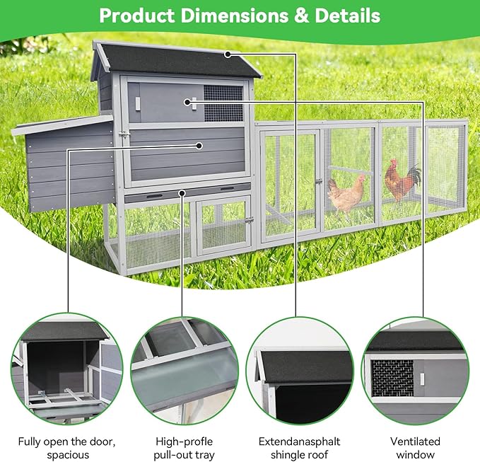 Large Wooden Chicken Coop Outdoor Hen House with Nesting Box，Walk-in Poultry Cage with Secure Locks, Metal Mesh Run for Backyard Farm Use (Gray 114.26")