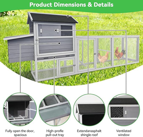 113" Large Chicken Coop with Run, Outdoor Wooden Hen Duck House with Nesting Box, Waterproof Asphalt Roof and Pull-Out Tray, Poultry Bunny Quail Cage Rabbit Hutch with Ventilated Window, Gray