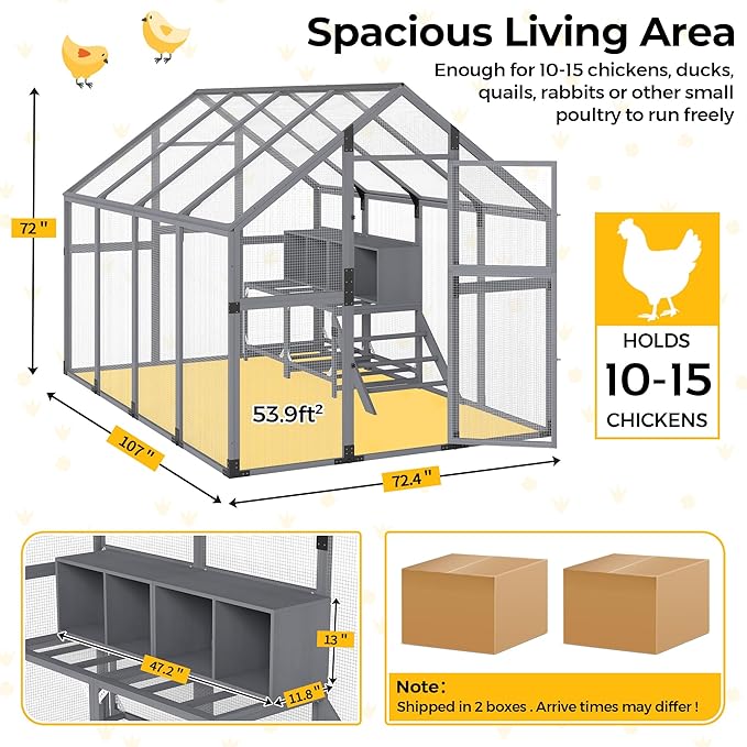 Extra Large Chicken Coop Run, Outdoor Wooden Chicken House Insulated with Waterproof Cover for Winter, 4 Nesting Boxes, Roosting Bars for 10-15 Chickens, Backyard, Farm, 9' x 6' x 6' (Modern Grey)