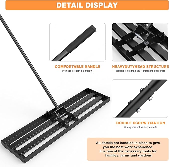 GAW Black Lawn Leveling Rake, 36" x 10" 7.2ft Handle Heavy Duty Ground Plate Rake for Lawns, Effort Saving Lawn Leveler Tool, Levelawn Tool for Yard, Backyard, Garden, Golf Couse, Farm, Pasture
