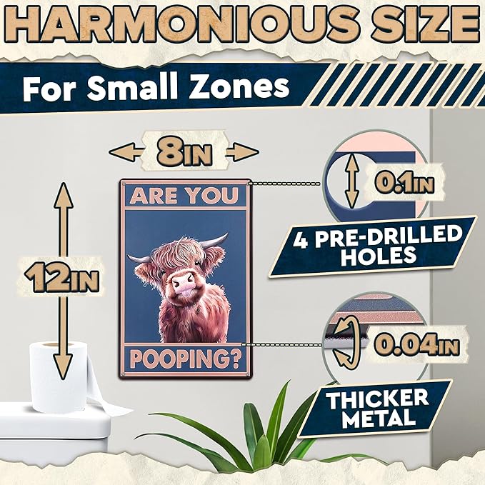 Are You Pooping Highland Cow Sign - Funny Bathroom Decor Metal Sign with Anti-Rust Coating 12x8 Inch - Highland Cow Decor for Home, Metal Wall Plaque for Toilet, Tin Wall Art – Farmhouse Funny Bathroom Art