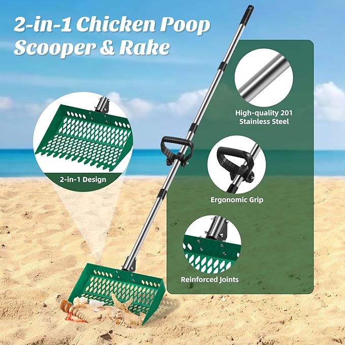 OYEAL Chicken Poop Scooper for Coop, 2-in-1 Metal Rake & Pooper Scooper Sand Sifting Shovel with Grip, Poop Scoop Shovel Litter Scooper for Small Farm Animals, Chicken Supplies, Green