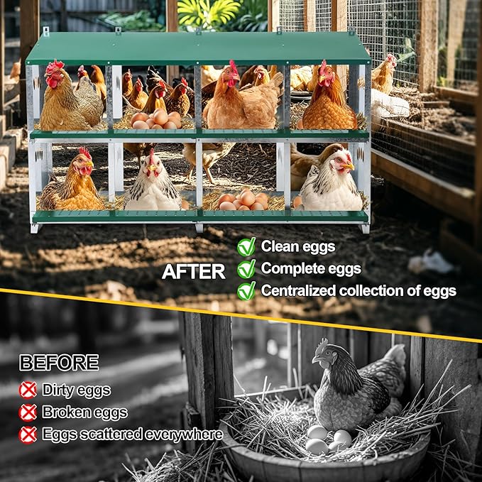 Chicken Nesting Box, 8 Compartment Metal Nesting Box, 8 Room Wall Mountable Nesting Boxes for Chicken with Swing Perch and Rollout Egg Collection