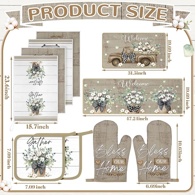 10 Pcs Flower Basket Farmhouse Kitchen Decor Set Dish Towels Kitchen Rugs Oven Mitts and Pot Holders Set for Cooking Baking Grilling Women Mom Daughter Gift(Spring Color)