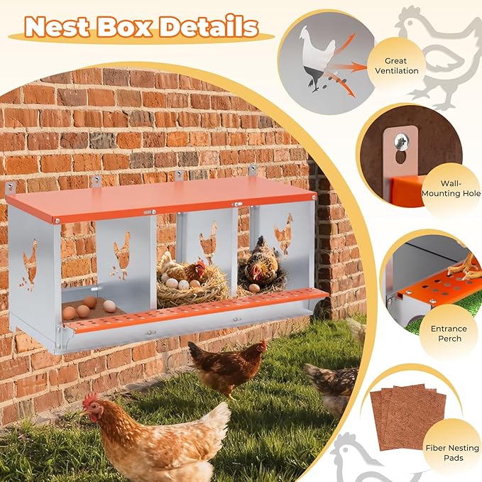 Chicken Nesting Box, 3 Compartment Metal Nesting Boxes for Chickens, Wall Mountable Chicken Laying Boxes, Easy Egg Collection, with Nesting Pads, Indoor & Outdoor Use, 31.8" L x 17" W x 15" H