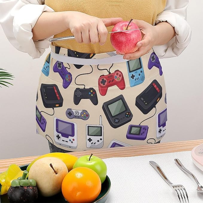 Unisex Chef Waiter Apron Waist Half Short Serving Aprons with 3 Pockets