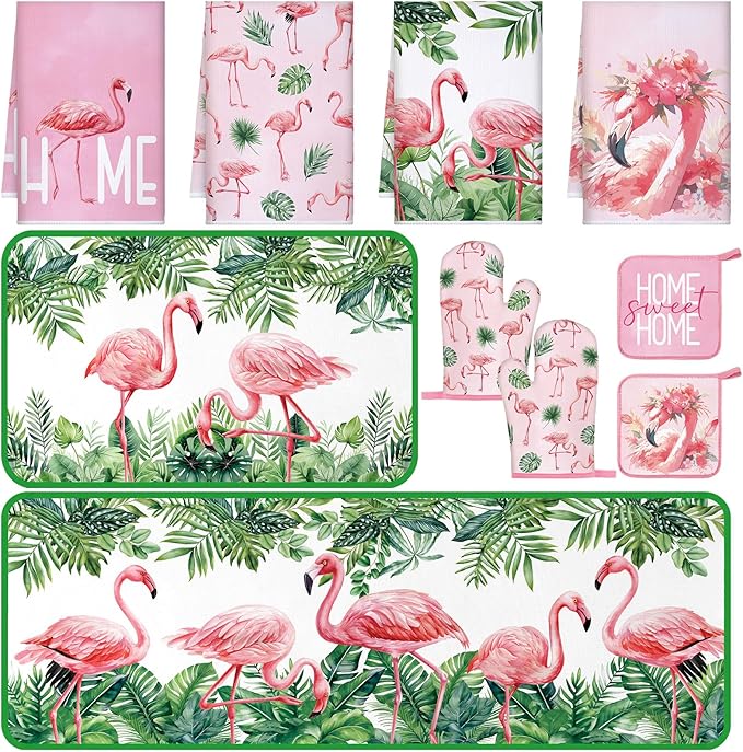 10 Pcs Flamingo Kitchen Dish Towels Rugs Oven Mitts and Pot Holders Set Farmhouse Kitchen Decor Set for Women Mom Daughter Gift Cooking Baking Grilling(Cute Pink)