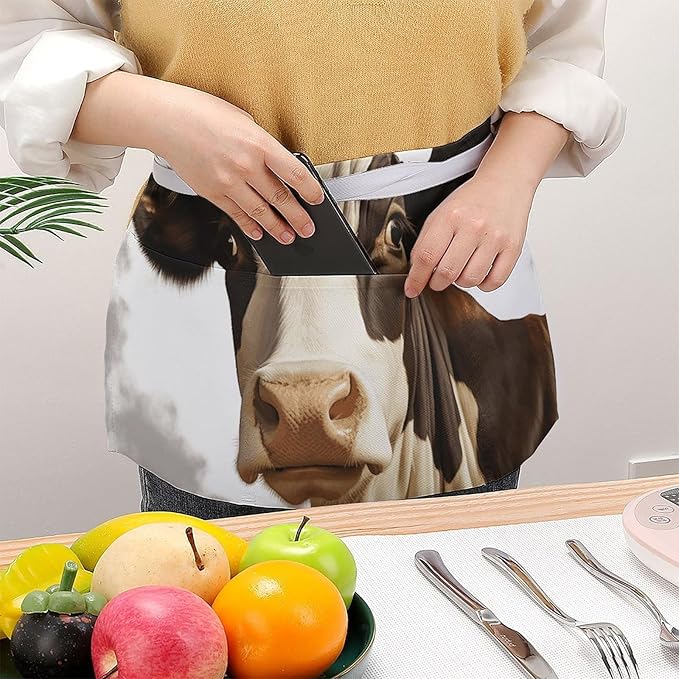 Apron for Men Women Adjustable Farm Animal Cow Printed Waterproof Apron Bib Apron with 3 Pockets Cooking Kitchen Aprons
