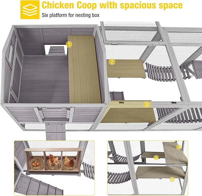 Large 2-Story Wooden Chicken Coop with Weatherproof Run & Canopy - Spacious Hen House for 6-8 Chickens, Rabbits, Ducks - Easy-Clean Design