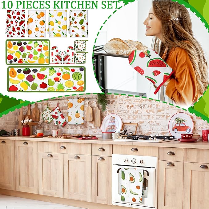 10 Pcs Fruit Kitchen Dish Towels Rugs Oven Mitts and Pot Holders Set Farmhouse Kitchen Decor Set for Women Mom Daughter Gift Cooking Baking Grilling(Lively Color)