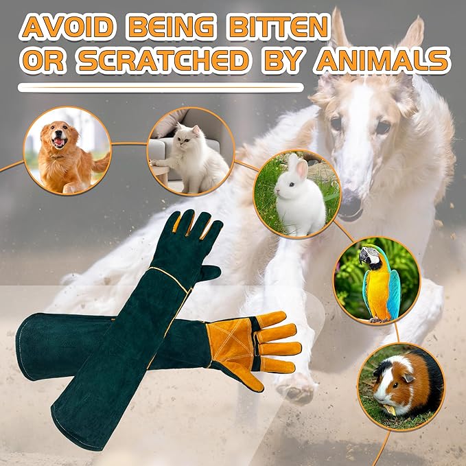 24" Leather Animal Handling Gloves, Multipurpose Bite Proof Gloves for Handling Reptiles, Grooming, Veterinary Visits, Puncture & Scratch Resistant for Dog Cat Bird Falcon Livestock Snake