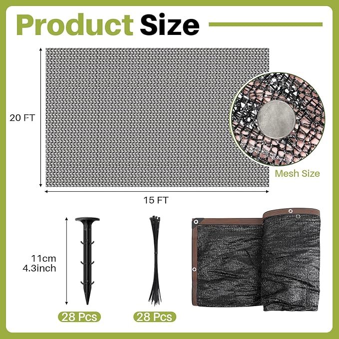 Koi Pond Netting Kit 15 x 20ft, Heavy-Duty Pe, Bird Deer Fence Netting, Durable Net Cover for Leaves, Protect Fish from Blue Heron Bird, Cats & Predators, Stakes & Ties Included