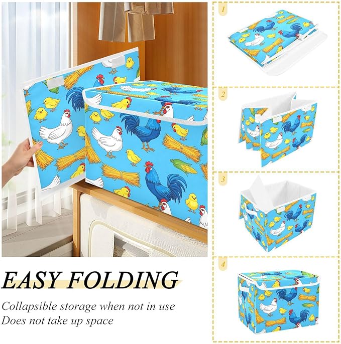 Chicken Rooster Chick Storage Bins with LidsCorn Hay Farm Blue Foldable Storage Basket with Handles Collapsible Large Fabric Organizer Containers for Clothes Shelves Closet Office Home