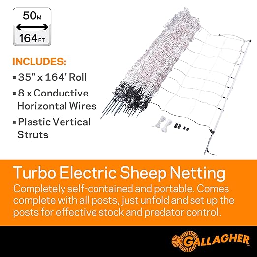 Gallagher 35" x 164' Electric Net Fence for Goats, Sheep, Garden Protection & Predator Control | Heavy-Duty Braided Turbo Wire Livestock Netting | Portable, Reusable Fence for Homesteads & Ranches
