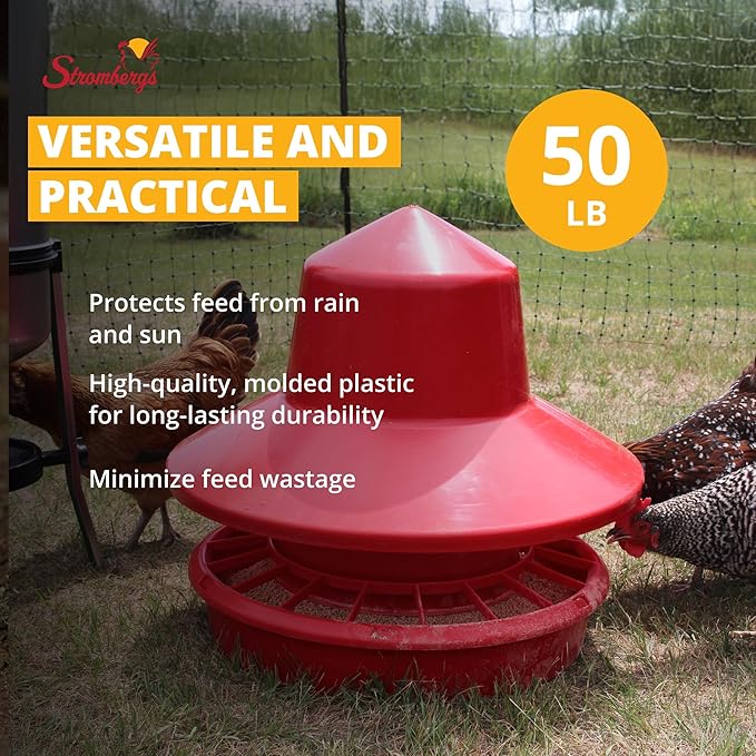 Stromberg's 50 lb Rain Shield Feeder, Large Capacity Range Feeder, Durable One-Piece Plastic Lid and Shield, Easy-Fill Design, Feed-Saving Grill, 24" Overall Height, 22" Pan Diameter