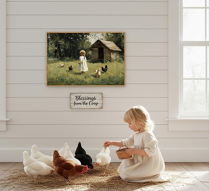 Framed Farm Girl Wall Art Vintage Farmhouse Kitchen Canvas Prints Rural Chicken Picture Artwork French Country Painting Wall Decor for Bedroom Living Room 12x16in
