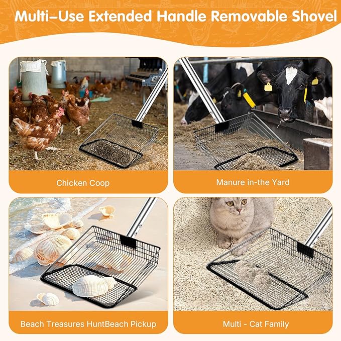 Chicken Coop Scoop, Chicken Poop Scooper for Sand, 10" Wide Heavy-Duty Metal Head, Stainless Steel Handle (36"-68") Ergonomic Chicken Sand, Poop Cleaning Tool, Chicken Coop Essentials