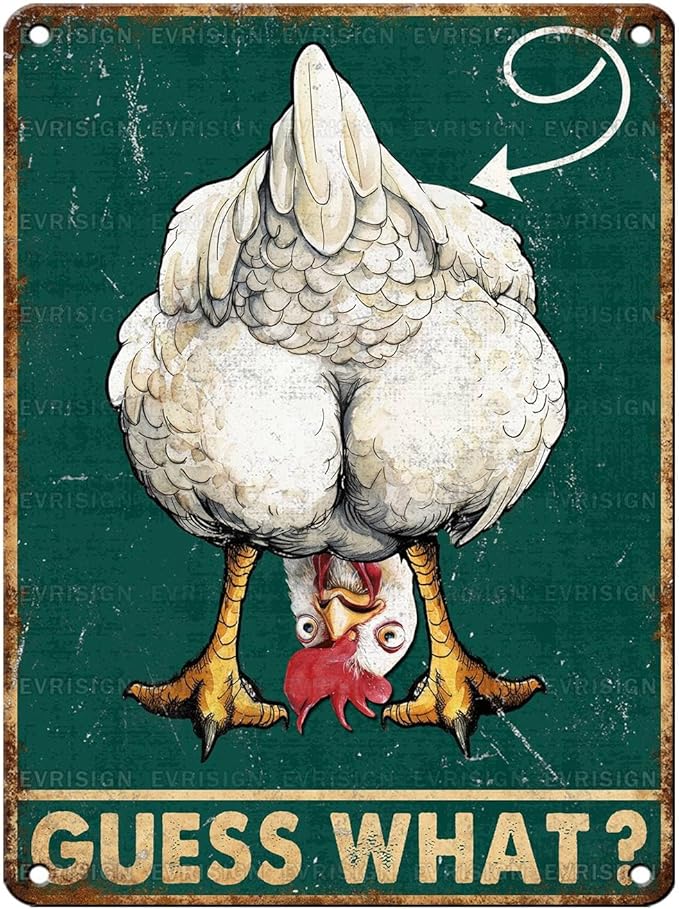Vintage Chicken Tin Sign Guess What Retro Coop Metal Sign Funny Chicken Lovers Nostalgic Rustic Wall Decor For Home Farmhouse Coop Poultry House Outdoor Kitchen Cafe Bar Yard 16 * 12In