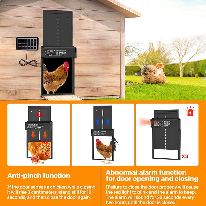 Solar Powered Automatic Chicken Coop Door,Solar Chicken Coop Door with Remote Control, LCD Display Automatic Chicken Door Function with Timer, Light Sensor, Anti-Pinch,Made of Aluminum Alloy and ABS