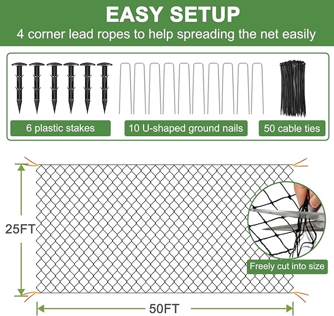 DQS Bird Netting - 25'x50' Heavy Duty with 1' Square Mesh, Poultry Netting for Chicken Coop Roof, Garden Protection, Nylon Mesh for Fruit Trees, Bushes