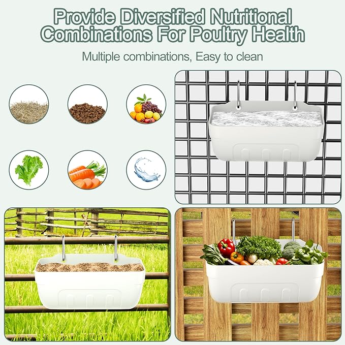 Goat Feeders Hanging, Chicken Waterer Feeder Trough for Poultry Livestock (6 * 3.5 Quart White)