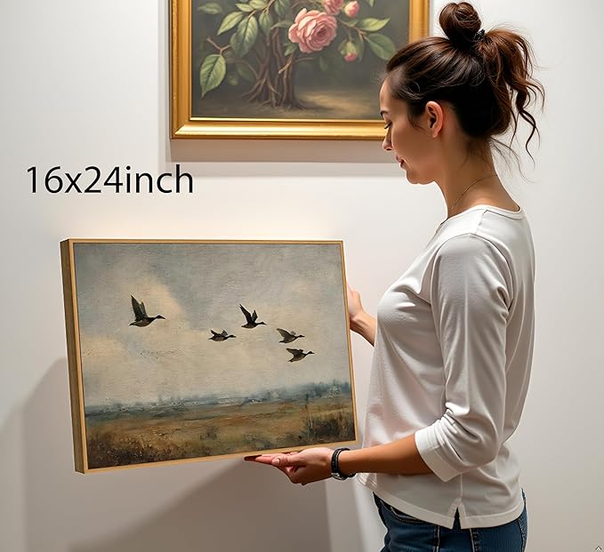 Framed Vintage Flying Duck Canvas Wall Art Wildlife Poster Print Natural Wilderness Picture Retro Wild Duck Painting Artwork Wall Decor for Bedroom Living Room Kitchen 16x24in