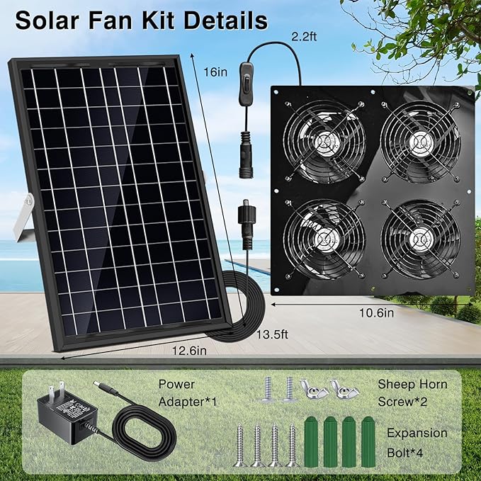 Solar Exhaust Fan,25W Solar Fan for Chicken Coop,Shed,Greenhouse & Attic Ventilation Cooling, Easy Installation,3500RPM,18FT Cord,IP67 Waterproof Solar Powered 4 Fan Kit