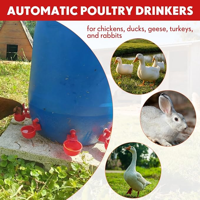 LemonRoad 30 Set Automatic Chicken Waterer Cups with 1/2" PVC Tee Fitting Chicken Drinking Bowl, Poultry Drinker Mounting Hole Opener,Water Dispenser Feeder for Duck, Goose, Turkey, Pigeon(Red)