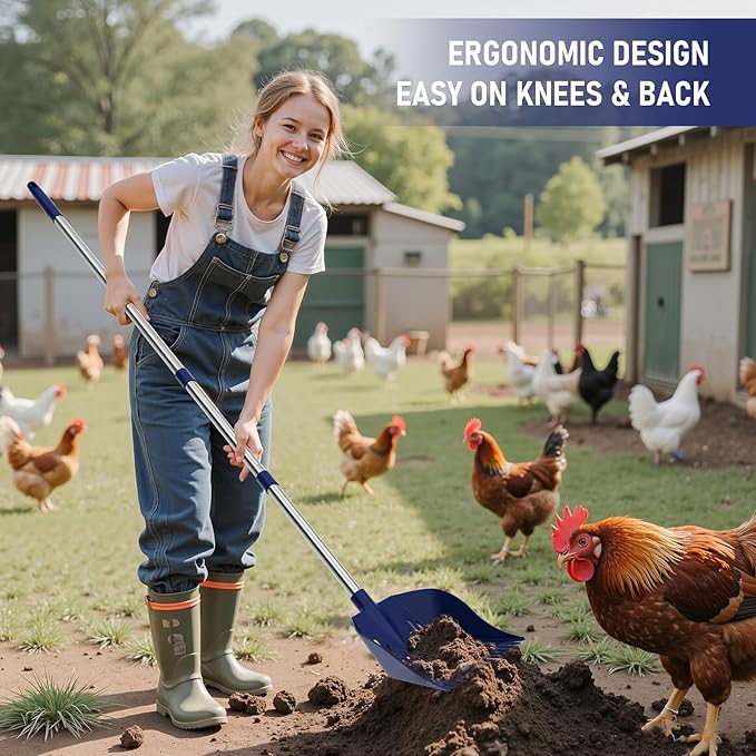 Chicken Poop Scooper & Rake, 2-in-1 Chicken Poop Pooper Shovel with 3-Shape Sifting Holes, 39 to 68" Chicken Coop Rake Stainless Steel Handle Litter Shovel for Small Farm Animals