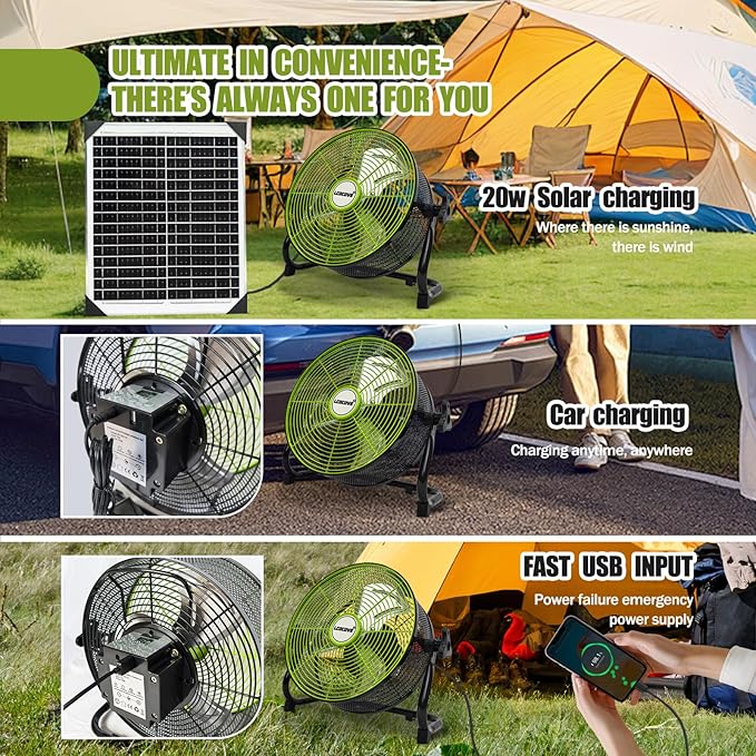 Battery Operated Fan, ,Can Running 5-24 Hours, Solar Fan Design For Shed, Home ，Outdoor,with USB Output For Emergency Situation Without Electric