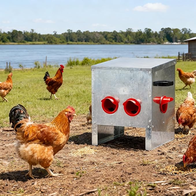 Automatic Chicken Feeder Rodent Proof, 4 Ports Large Capacity Metal Poultry Feeder with Handles and Lid, Galvanized Chicken Feeder for Hen Coop(Silver)